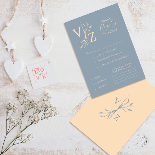 Boho Minimal Blue Beige Leaf Monogram Wedding RSVP Card