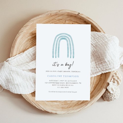 Boho Minimal Blue Rainbow Baby Shower Invitation