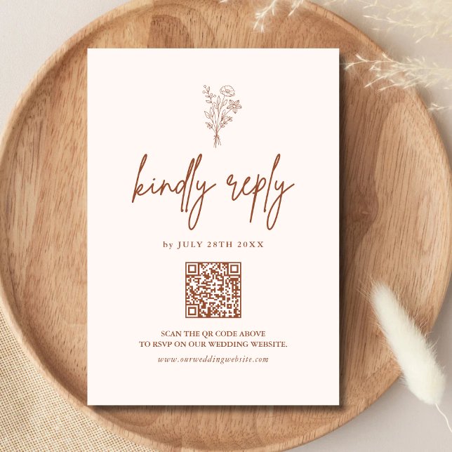 Boho Minimal Botanicals Terracotta QR Code Wedding RSVP Card (Boho minimalist terracotta botanical RSVP card with QR code adds easy, stylish guest responses)