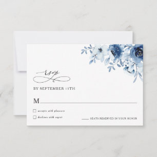 Boho Minimal Dusty Blue Floral Wedding RSVP Card