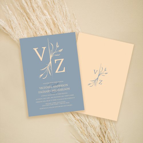 Boho Minimal Dusty Blue Leaf Monogram Wedding Invitation