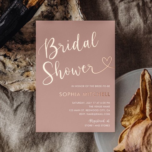 Boho Minimal Heart Script Terracotta Bridal Shower Foil Invitation