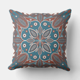Boho Minimal Mandala Hand-Drawn Rust Teal Throw Pillow