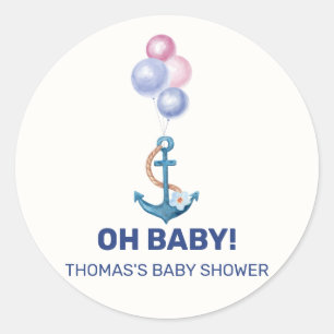 Boho Minimal Nautical Anchor Balloon Baby Shower Classic Round Sticker