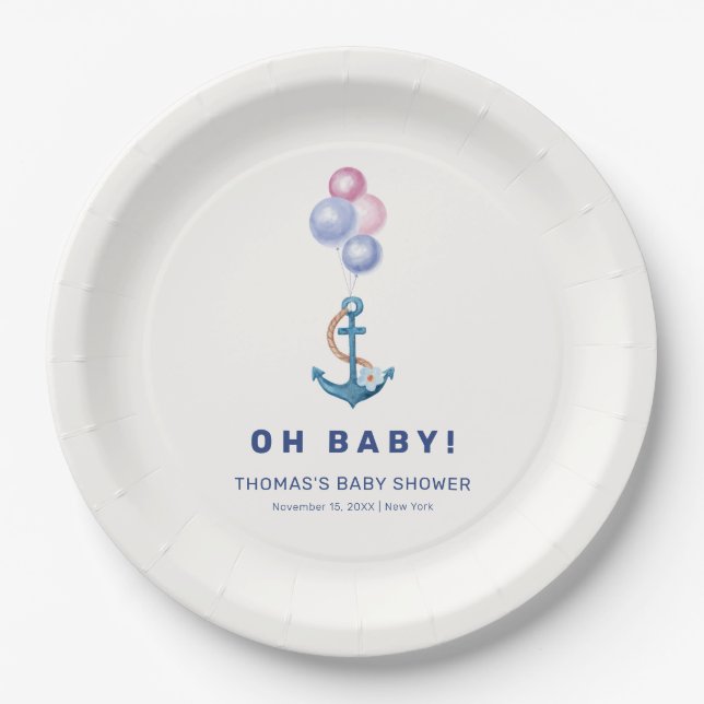 Boho Minimal Nautical Anchor Balloon Baby Shower  Paper Plates (Front)