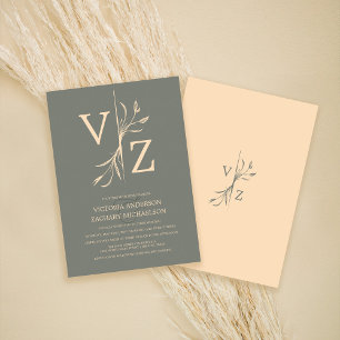 Boho Minimal Sage Green Leaf Monogram Wedding Invitation