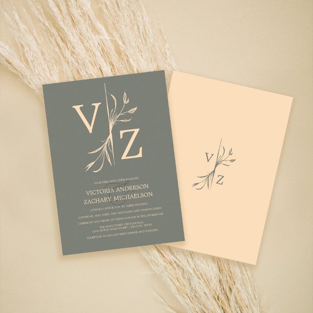 Boho Minimal Sage Green Leaf Monogram Wedding Invitation (Creator Uploaded)