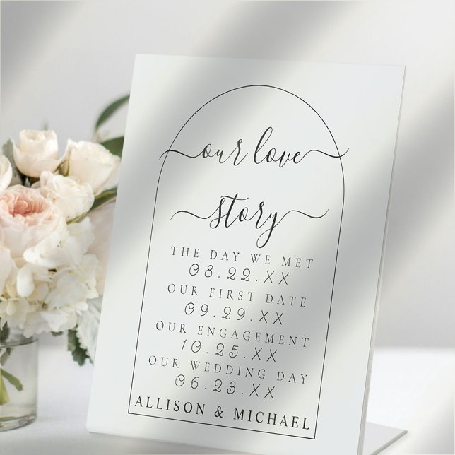 Boho Minimal Script Our Love Story Pedestal Sign (Creator Uploaded)