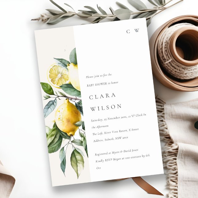 Boho Minimal Yellow Lemon Garden Baby Shower Invitation (Creator Uploaded)
