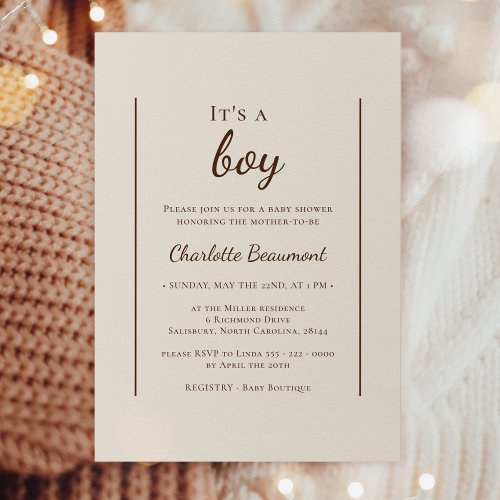 Boho Minimalist Beige Its A Boy Baby Shower Invitation