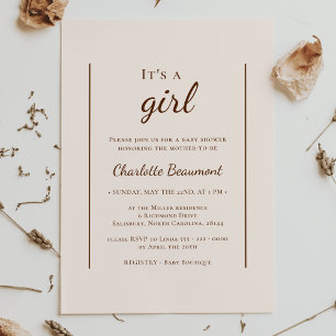 Boho Minimalist Beige It's A Girl Shower Invitation
