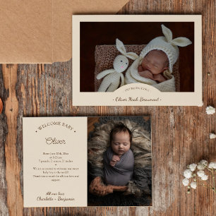 Boho Minimalist Beige Two Photo Birth Announcement