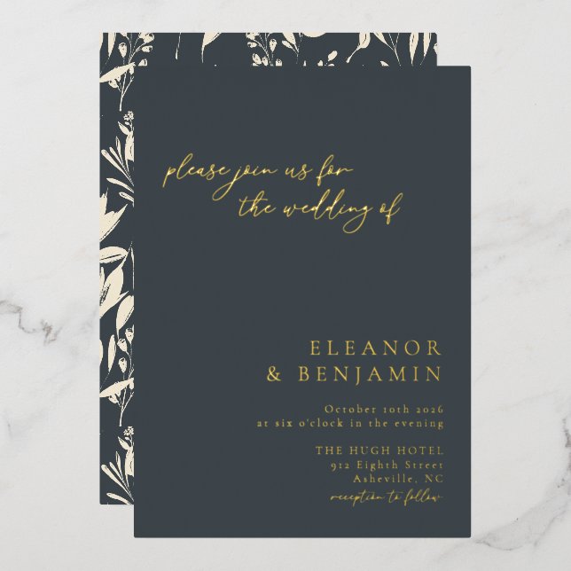 Boho Minimalist Black Floral Art Wedding Gold Foil Invitation (Front/Back)