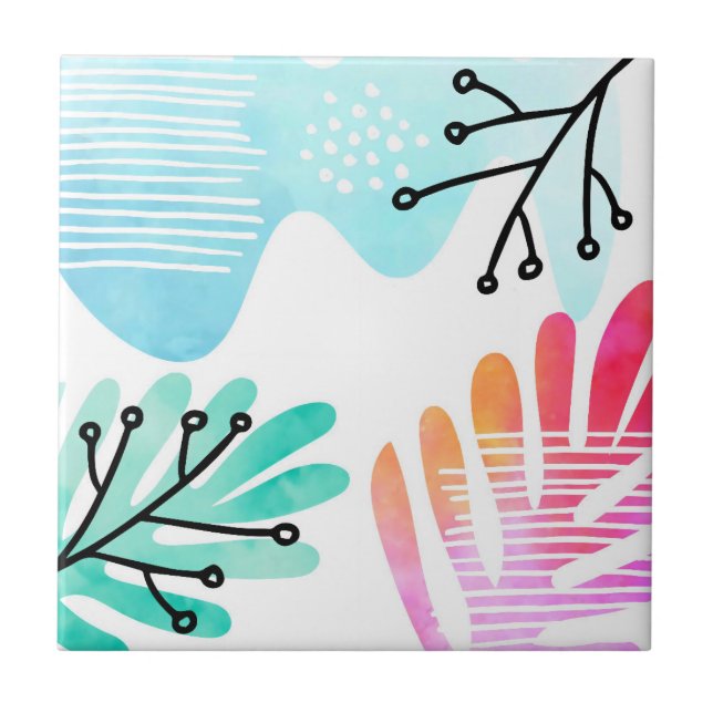 Boho Minimalist Blob Shape Leaves Line Art Ceramic Tile (Front)