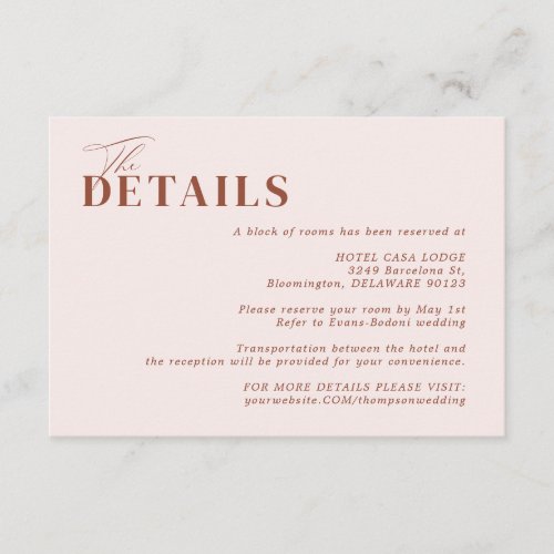 Boho Minimalist Blush Terracotta Wedding Details Enclosure Card