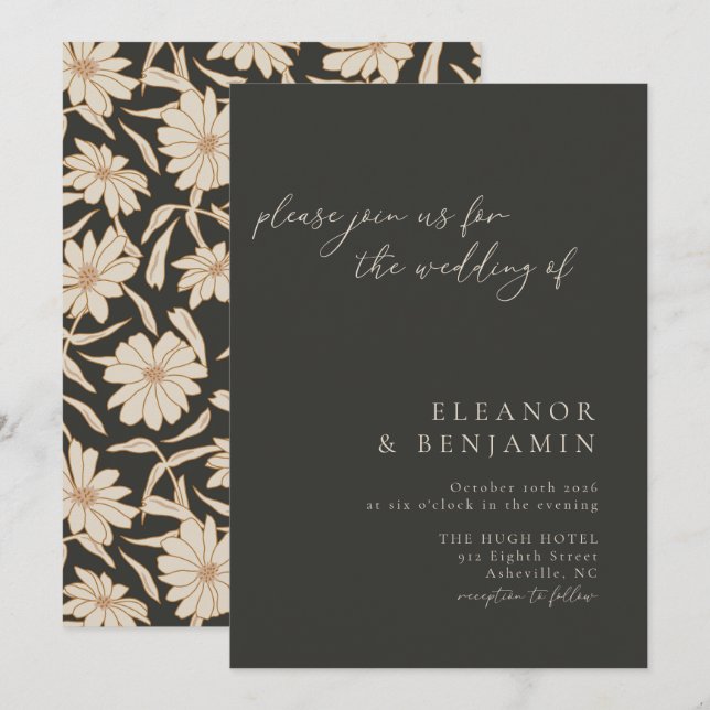 Boho Minimalist Botanical Black and Ivory Wedding Invitation (Front/Back)
