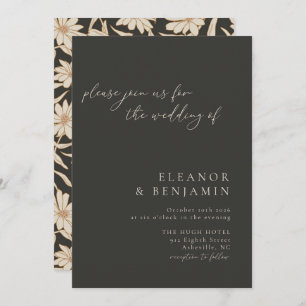 Boho Minimalist Botanical Black and Ivory Wedding Invitation