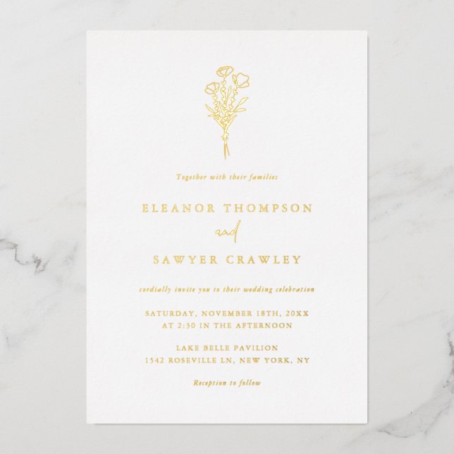 Boho Minimalist Botanical Bouquet Photo Wedding Foil Invitation (Front)