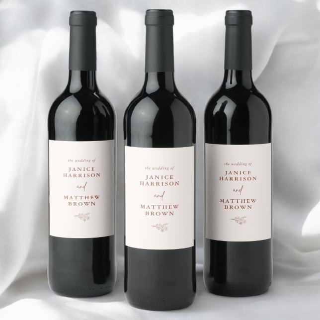 Boho Minimalist Botanical Terracotta Wedding Wine Label (Minimalist botanical terracotta wine label adds a warm personalized touch to your wedding bottles)