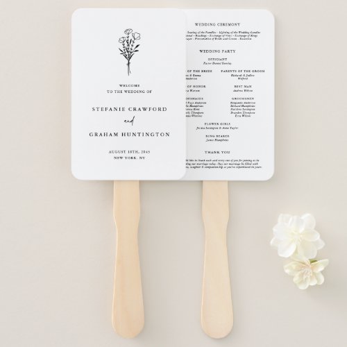 Boho Minimalist Botanicals Black and White Program Hand Fan