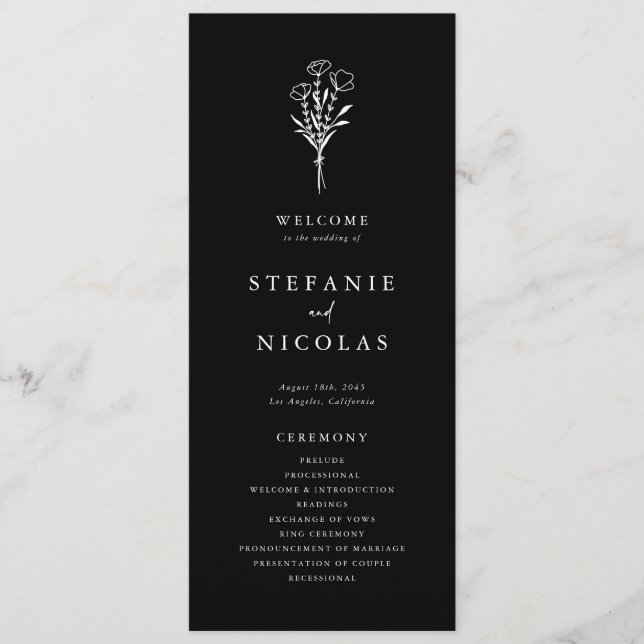 Boho Minimalist Botanicals Black Wedding Program (Front)