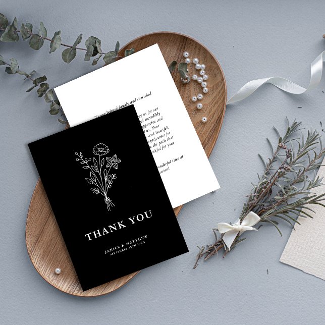 Boho Minimalist Botanicals Black Wedding Thank You Card (Creator Uploaded)