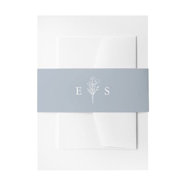 Boho Minimalist Botanicals Dusty Blue Wedding Invitation Belly Band (Front Example)