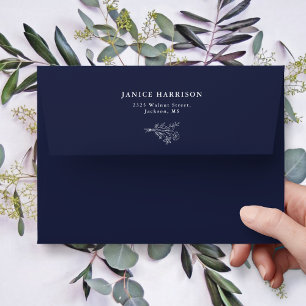 Boho Minimalist Botanicals Navy Blue Wedding Envelope