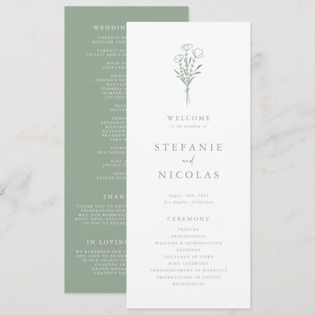 Boho Minimalist Botanicals Sage Green Wedding Program (Front/Back)