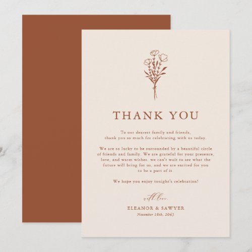 Boho Minimalist Botanicals Terracotta Fall Wedding Thank You Card