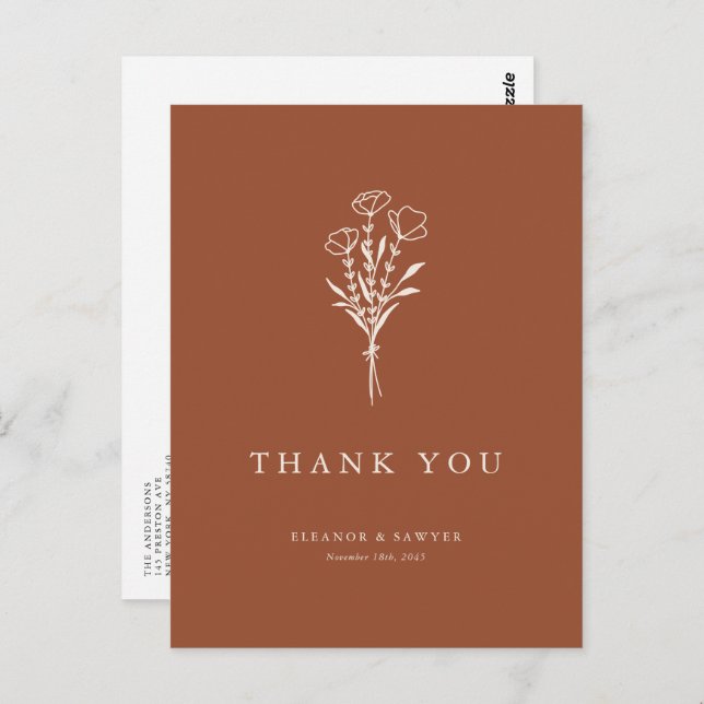 Boho Minimalist Botanicals Terracotta Thank You Postcard (Front/Back)