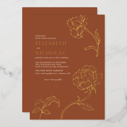 Boho Minimalist Botanicals Terracotta Wedding  Foil Invitation