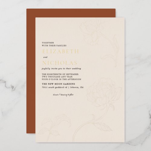 Boho Minimalist Botanicals Terracotta Wedding Foil Invitation