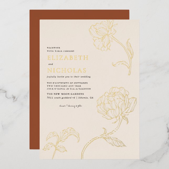 Boho Minimalist Botanicals Terracotta Wedding Foil Invitation (Front/Back)