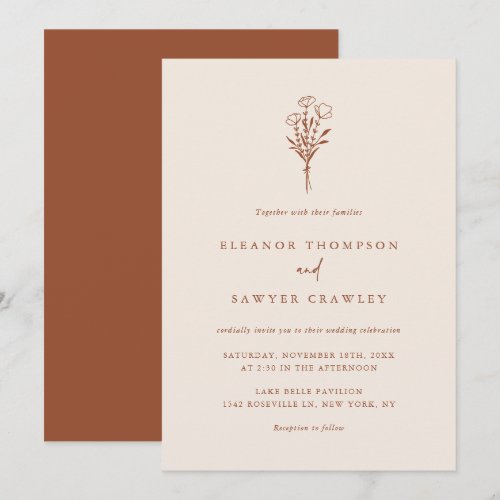 Boho Minimalist Botanicals Terracotta Wedding Invitation