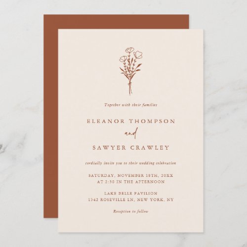 Boho Minimalist Botanicals Terracotta Wedding Invitation