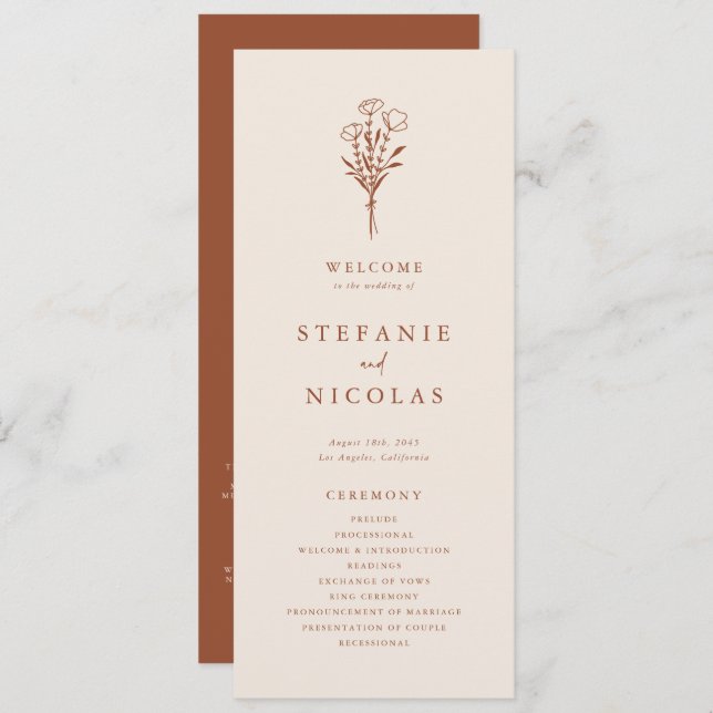 Boho Minimalist Botanicals Terracotta Wedding Program (Front/Back)