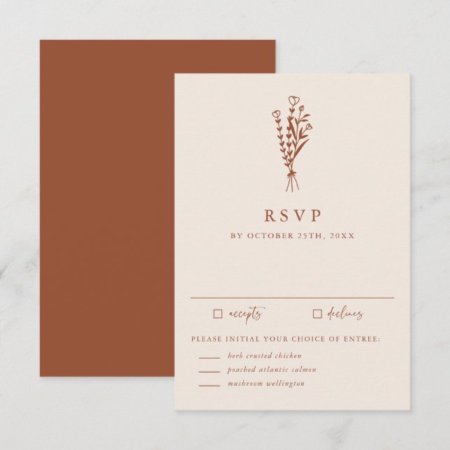 Boho Minimalist Botanicals Terracotta Wedding RSVP Card (Front/Back)