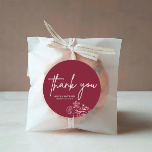 Boho Minimalist Burgundy Thank You Wedding Favor Classic Round Sticker