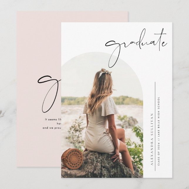 Boho Minimalist Calligraphy Arch Photo Graduation Announcement (Front/Back)