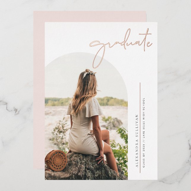 Boho Minimalist Calligraphy Arch Photo Graduation Foil Invitation (Front/Back)