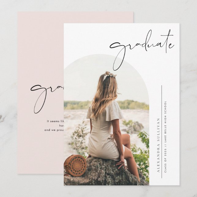 Boho Minimalist Calligraphy Arch Photo Graduation Invitation (Front/Back)