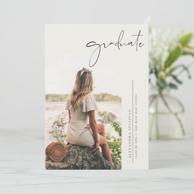 Boho Minimalist Calligraphy Arch Photo Graduation Invitation (Standing Front)