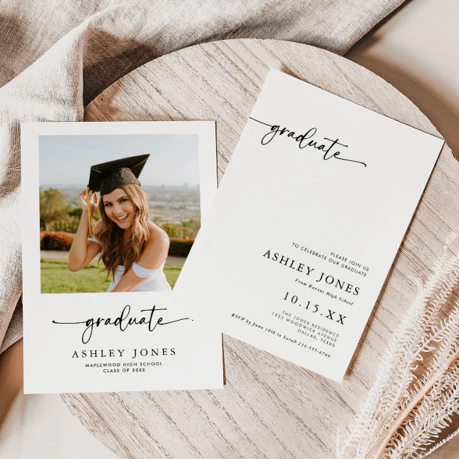 Boho Minimalist Calligraphy Photo Graduation Invitation | Zazzle