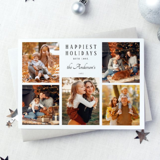 Boho Minimalist Christmas 5 Photo Collage Holiday Card (Creator Uploaded)