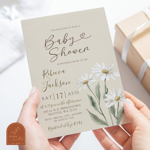 Boho Minimalist Daisy Wildflower Baby Shower Invitation