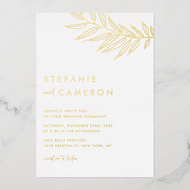Boho Minimalist Foliage Leaf Wedding Foil Invitation (Front)
