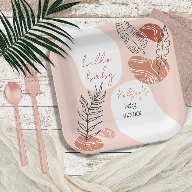 Boho Minimalist Hello Baby Shower Blush  Paper Plates (Creator Uploaded)