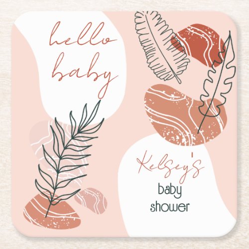 Boho Minimalist Hello Baby Shower Blush Square Paper Coaster