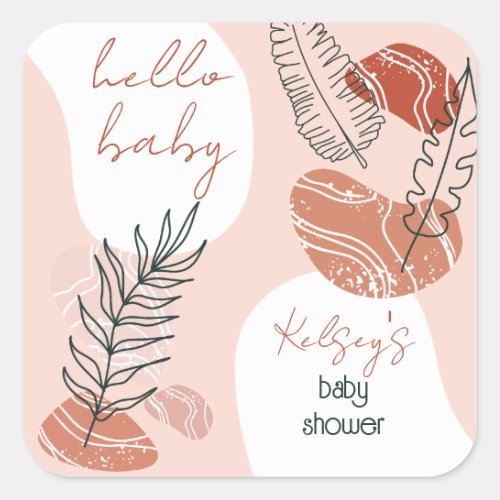 Boho Minimalist Hello Baby Shower Blush Square Sticker